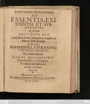 Disputatio Metaphysica De Essentia, Existentia Et Subsistentia