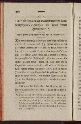 XLIX. Ueber die Annalen der mecklenburgischen Landwirthschafts-Gesellschaft und deren fernere Herausgabe