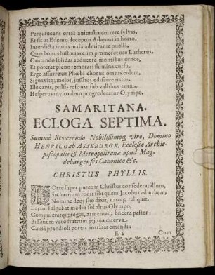 Samaritana. Ecloga Septima. Summe Reverendo Nobilißimoq viro, Domino Henrico ab Asseburgk [...]