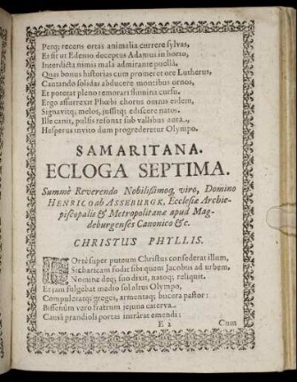 Samaritana. Ecloga Septima. Summe Reverendo Nobilißimoq viro, Domino Henrico ab Asseburgk [...]