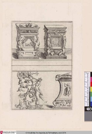 [Zwei Altäre, ein Sockel eines Kandelaber und die rechte Hälfte eines ornamentalen Designs; Two altars, a base of a candelabrum and right half of an ornamental design]