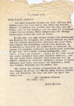 Brief des Pendle Hill College an einen deutschen Quäker mit der Ankündigung eines Geschenkpaketes und Informationen über Pendle Hill - Sachkonvolut