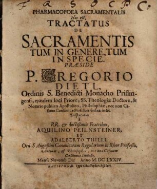Pharmacopoea sacramentalis, hoc est tractatus de sacramentis tum in genere, tum in specie