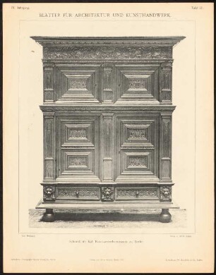 Schrank im Kunstgewerbemuseum, Berlin: Ansicht (aus: Blätter für Architektur und Kunsthandwerk, 9. Jg., 1896, Tafel 77)