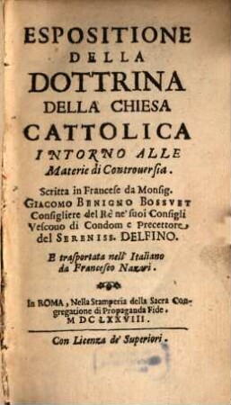 Espositione della Dottrina della chiesa cattolica intorno alle materie di Controversia