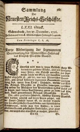 LXXI. Stuck. Schwabach, den 27. December, 1756.