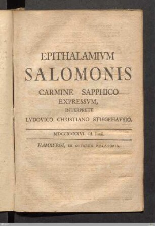 Epithalamivm Salomonis Carmine Sapphico Expressvm