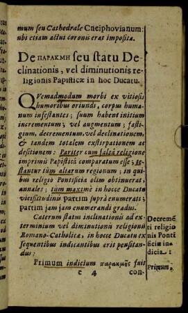 De [...] seu statu Declinationis, vel diminutionis religionis Papisticæ in hoc Ducatu.