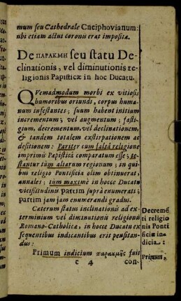 De [...] seu statu Declinationis, vel diminutionis religionis Papisticæ in hoc Ducatu.