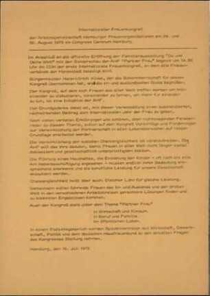 Ankündigung Internationaler Frauenkongreß "Partner Frau"