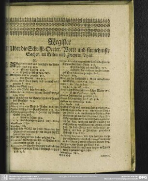 Register Uber die Schrifft-Oerter, Worte und fürnehmste Sachen im Ersten und Zweyten Theil