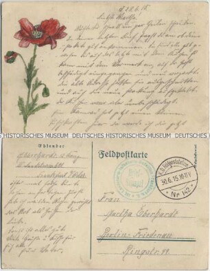 Feldpostkarte mit handgezeichneter Mohnblume