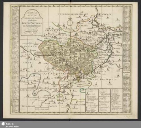 Accurate Delineation des zu dem Thüringischen Creisse gehöhrigen Ammtes Freyburg : nebs darinnen befindlichen Orten auch Angrenzenden Gegenden Geographice entworffen