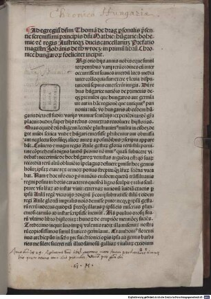 Chronica Hungarorum : mit Widmungsbrief des Autors an den Kanzler Thomas de Drag