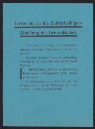 Tretet ein in die Zeitfreiwilligen-Abteilung des Generalstabes