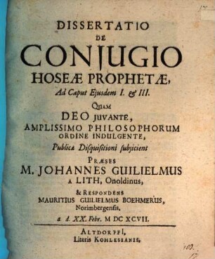 Dissertatio De Coniugio Hoseae Prophetae, Ad Caput Eiusdem I. & III.