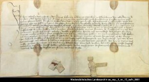 Hero Abtesen in Greetsiel schenkt dem Häuptling Ulrich Cirksena Land im Kirchspiel Nesse = OUB I, Nr. 586, S. 512 Anhängende Siegel verloren