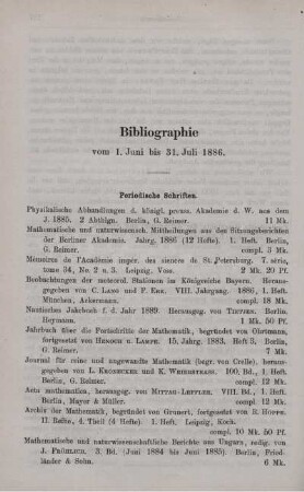 Bibliographie vom 1. Juni bis 31. Juli 1886.