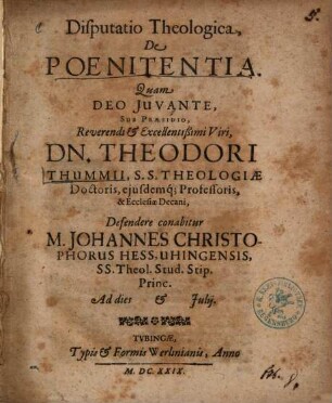 Disputatio Theologica, De Poenitentia