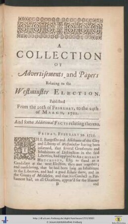 A Collection Of Advertisements And Papers Relating to the Westminster Election.