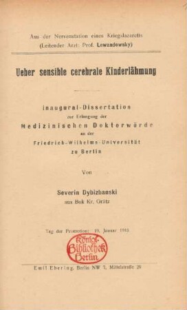Ueber sensible cerebrale Kinderlähmung