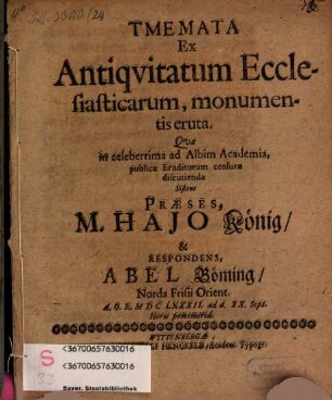 Tmemata Ex Antiquitatum Ecclesiasticarum, monumentis eruta