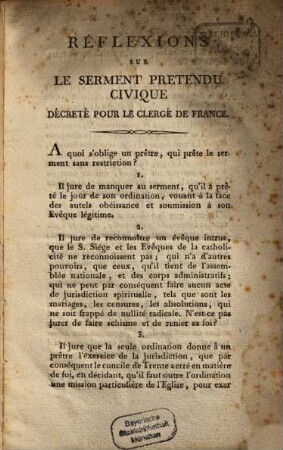Réflexions Sur Le Serment Pretendu Civique Décreté Pour Le Clergé De France