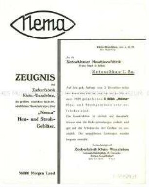 Zeugnis der Zuckerfabrik Klein-Wanzleben über Heu- und Strohgebläse