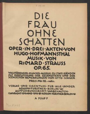 Die Frau ohne Schatten : Oper in drei Akten : op. 65