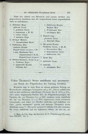 Ueber Thomson´s Series umbilicata und accessoria (am Rande der Flügeldecken der Gattung Carabus).