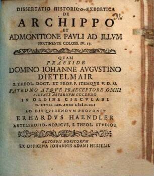 Diss. hist. exeg. de Archippo, et admonitione Pauli ad illum pertinente, Coloss. IV, 17