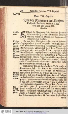 Das VII. Capitel. Von der Regierung des Käysers Philippici Bardanis, Artemii, Theodosii III. und Leonis III. Isaurici.