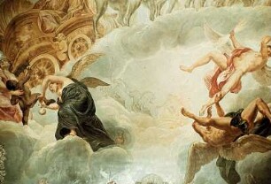 Aurora im achtspännigen Wagen, gefolgt von Apoll in seinem Wagen, umgeben von Chronos, der stürzenden Finsternis, den vier Erdteilen, den vier Jahreszeiten und dem Zodiakus