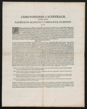 Christophorus Caldenbach, Eloq. Prof. Ejusdem In Academia Tubingensi Studiosis Sal.