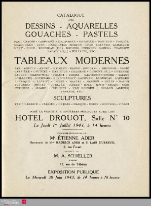 Catalogue des dessins, aquarelles, gouaches, pastels : par: Adan, Appian, Charlemagne, Chassériau, Forain, Foreau [und weitere] : tableaux modernes : par: Allègre, Bastien-Lepage, Belly, Bertin, Breton, Carrand [und weitere] : 12 œuvres d'Eugène Devéria : sculpture par Rodin : dont la vente aux enchères publiques aura lieu Hôtel Drouot, Salle No 7, le mercredi 23 juin 1943