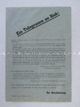 Flugblatt mit dem Wortlaut eines Telegramms des Hauptvorstandes der Gewerkschaft Textil-Bekleidung an die streikenden Textilarbeiter in Westfalen