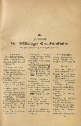 III. Verzeichniß der selbstständigen Gewerbetreibenden