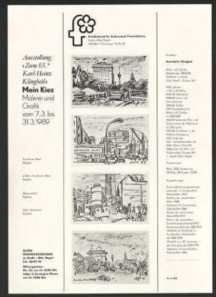 Austellungswerbung: "Zum 65.* Karl-Heinz Klingbeil: Mein Kiez. Malerei und Grafik" vom 07.03. bis zum 31.03.1989
