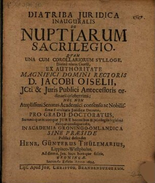 Diatriba iuridica inauguralis de nuptiarum sacrilegio