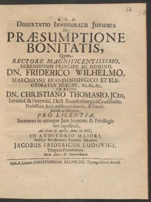 Dissertatio Inauguralis Iuridica De Praesumptione Bonitatis