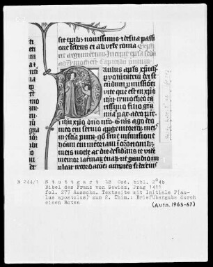 Lateinische Bibel in zwei Bänden für Franz von Gewicz — Initiale P (aulus apls) mit Briefübergabe, Folio 277recto