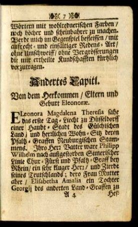 Andertes Capitl. Von dem Herkommen / Eltern und Geburt Eleonorae