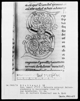 Haimonis in Apocalypsin libri 9 — Initiale S, Folio 45recto
