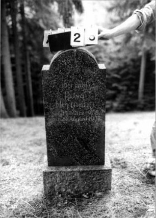 Grabstein 26 (Index: 100108257) Material: Granit Zustand: gut Maße HxBxT: 109x41x11 cm Beschreibung: Stele, Sockel, eingezogener Rundbogenabschluß: Grabstein 26