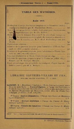 Table des matières. Août 1890.