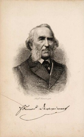 Brustbild Eduard Devrient mit Faksimile. Stahlstich von Adolf Neumann; 16 x 10,5 cm. Frontispiz in: Devrient, Eduard: Geschichte der deutschen Schauspielkunst, Band 5: Das Virtuosenthum. Leipzig: J. J. Weber, 1874. Dresden: SLUB Dramat.308-5