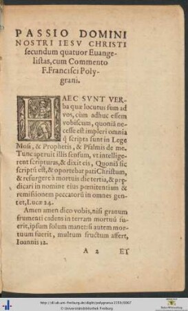 Passio Domini Nostri Iesu Christi secundum quatuor Evangelistas cum Commento F. Francisci Polygrani