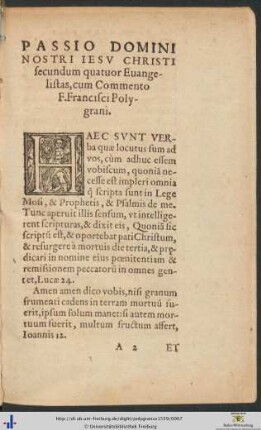 Passio Domini Nostri Iesu Christi secundum quatuor Evangelistas cum Commento F. Francisci Polygrani