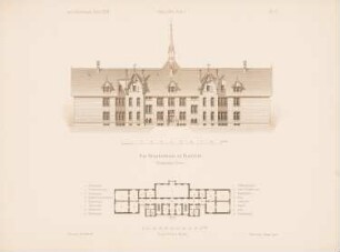 Krankenhaus, Bielefeld: Grundriss, Ansicht (aus: Architektonisches Skizzenbuch, H. 124/1, 1874)