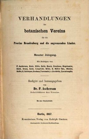 Verhandlungen des Botanischen Vereins für die Provinz Brandenburg und die Angrenzenden Länder. 9. 1867